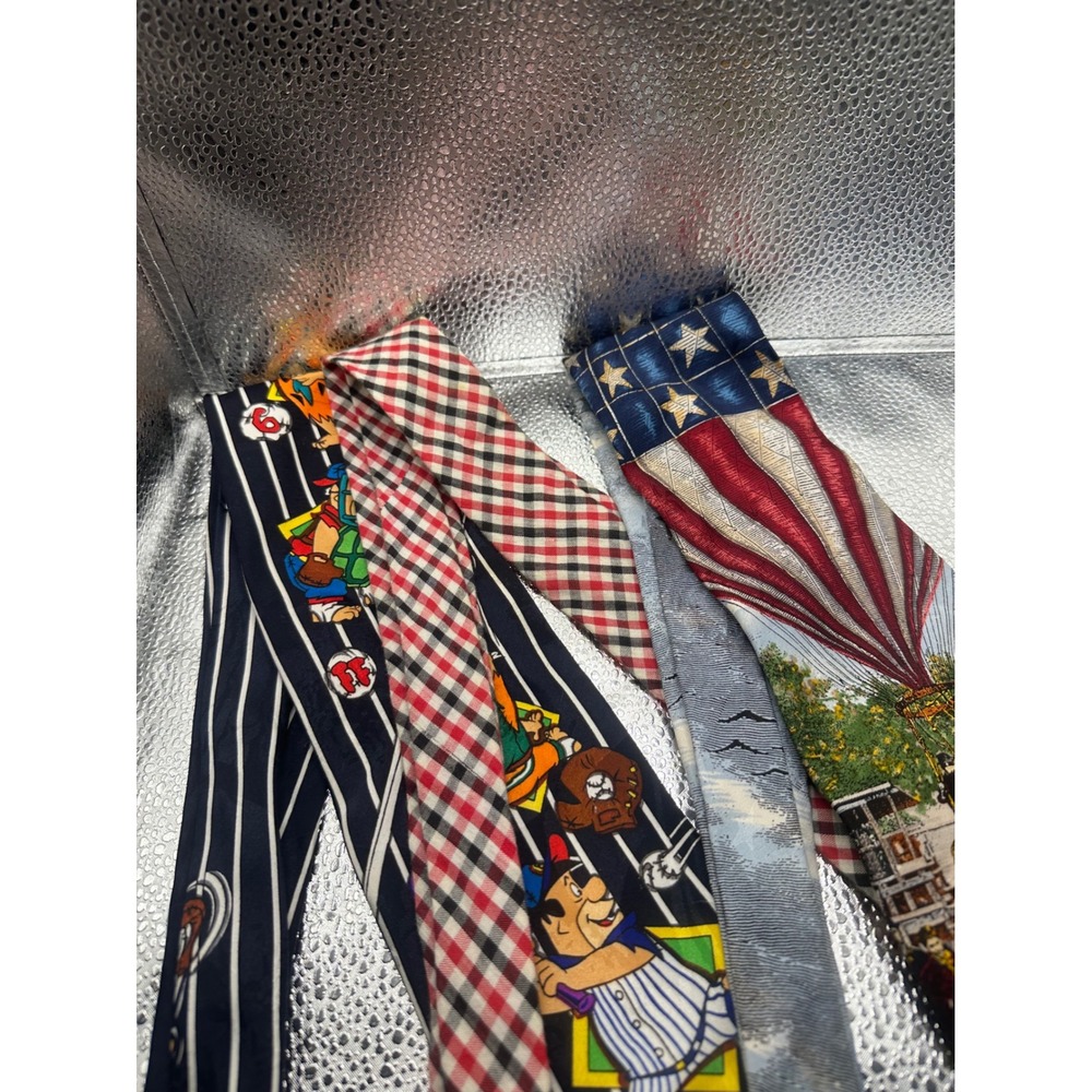 Vintage Necktie Lot Flintstones Baseball Gingham Americana Hot Air Balloon 3pc